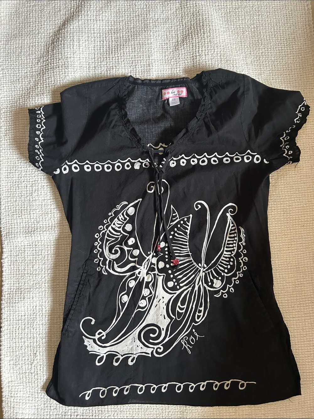 koi Black Tunic Scrub Top with White Butterfly